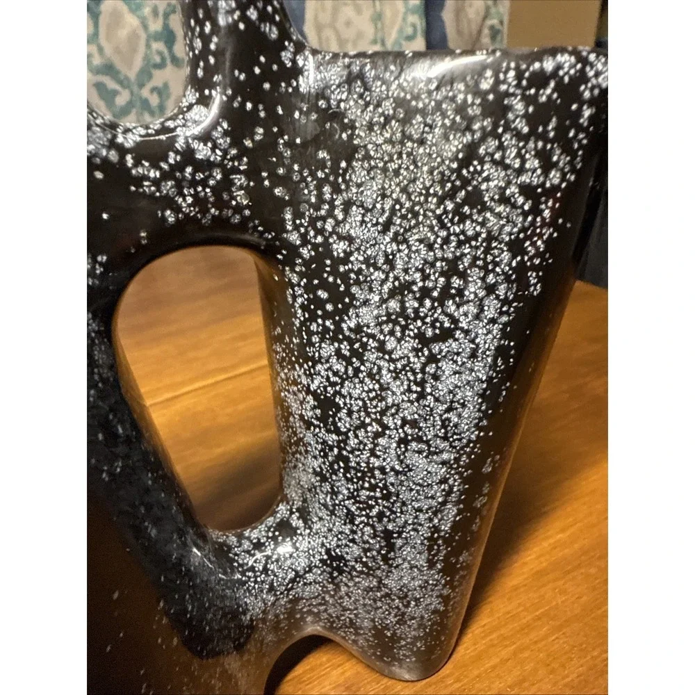 Vtg 1982 Handmade Ceramic Double Vase Signed  Speckled Black & White‎ Glaze